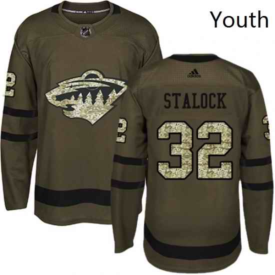 Youth Adidas Minnesota Wild 32 Alex Stalock Authentic Green Salute to Service NHL Jersey